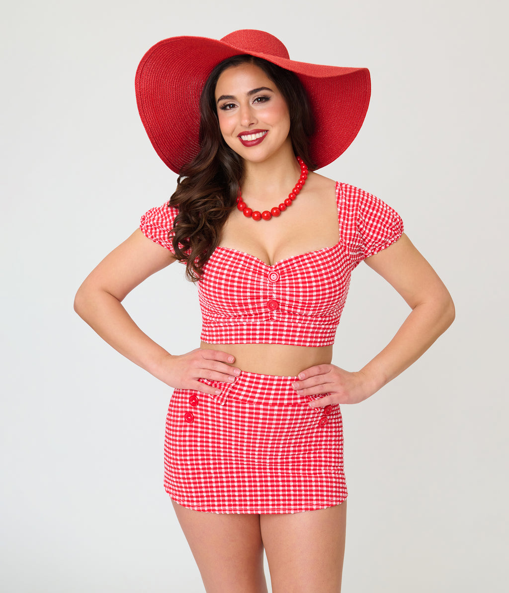Pinky Pinups Red Gingham Bow Accent Swim Skirt