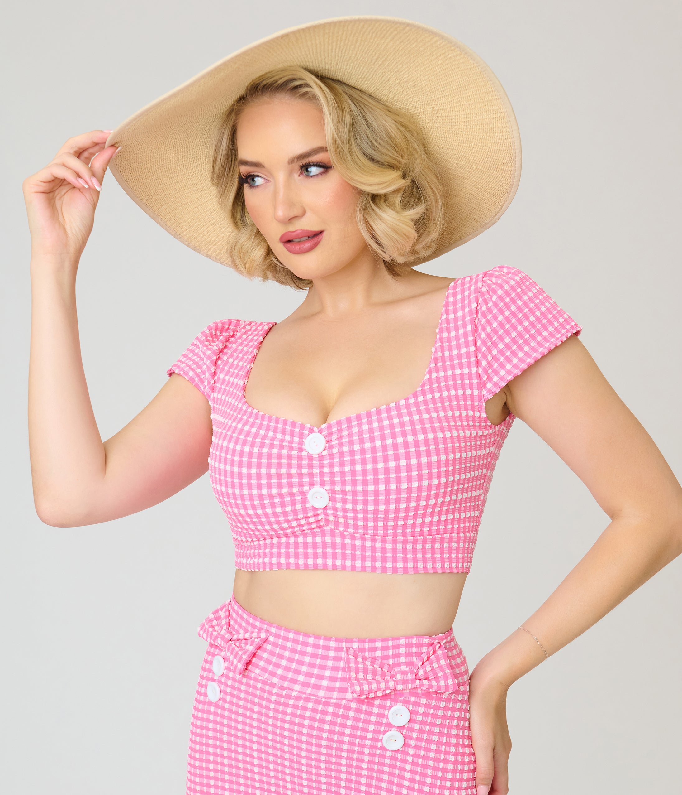 Pinky Pinups Pink Gingham Seersucker Swim Top