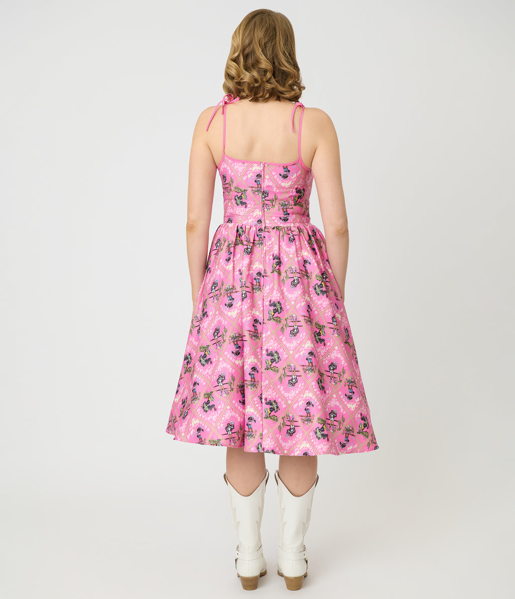 Barbieâ€šÃ‘Â¢ x Unique Vintage Pink Rodeo Print Sleeveless Swing Dress