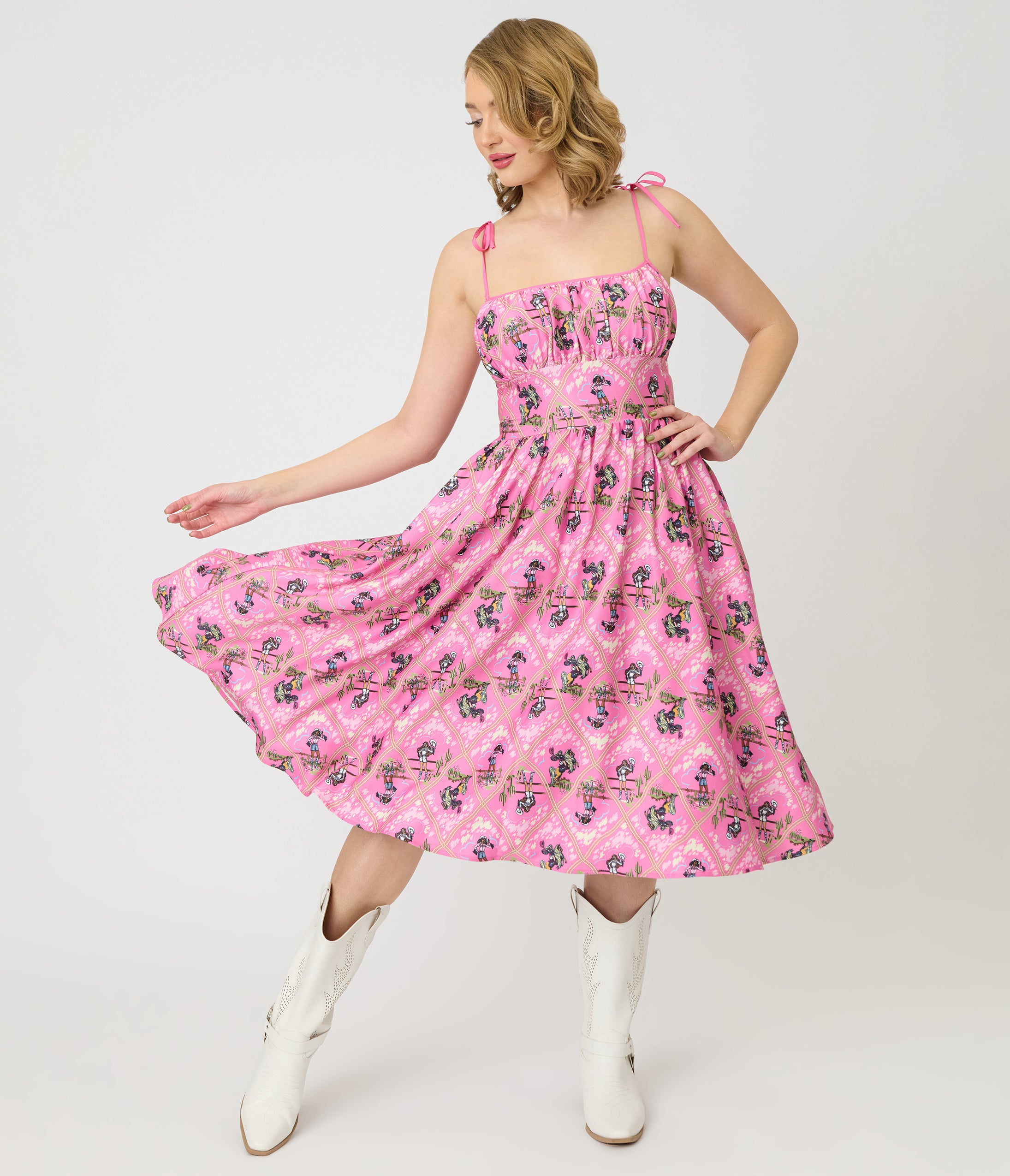 Barbieâ€šÃ‘Â¢ x Unique Vintage Pink Rodeo Print Sleeveless Swing Dress