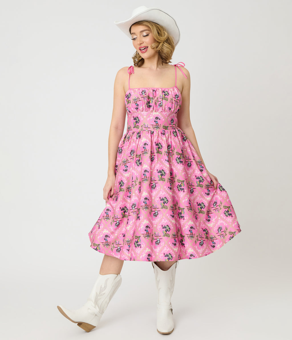Barbieâ€šÃ‘Â¢ x Unique Vintage Pink Rodeo Print Sleeveless Swing Dress