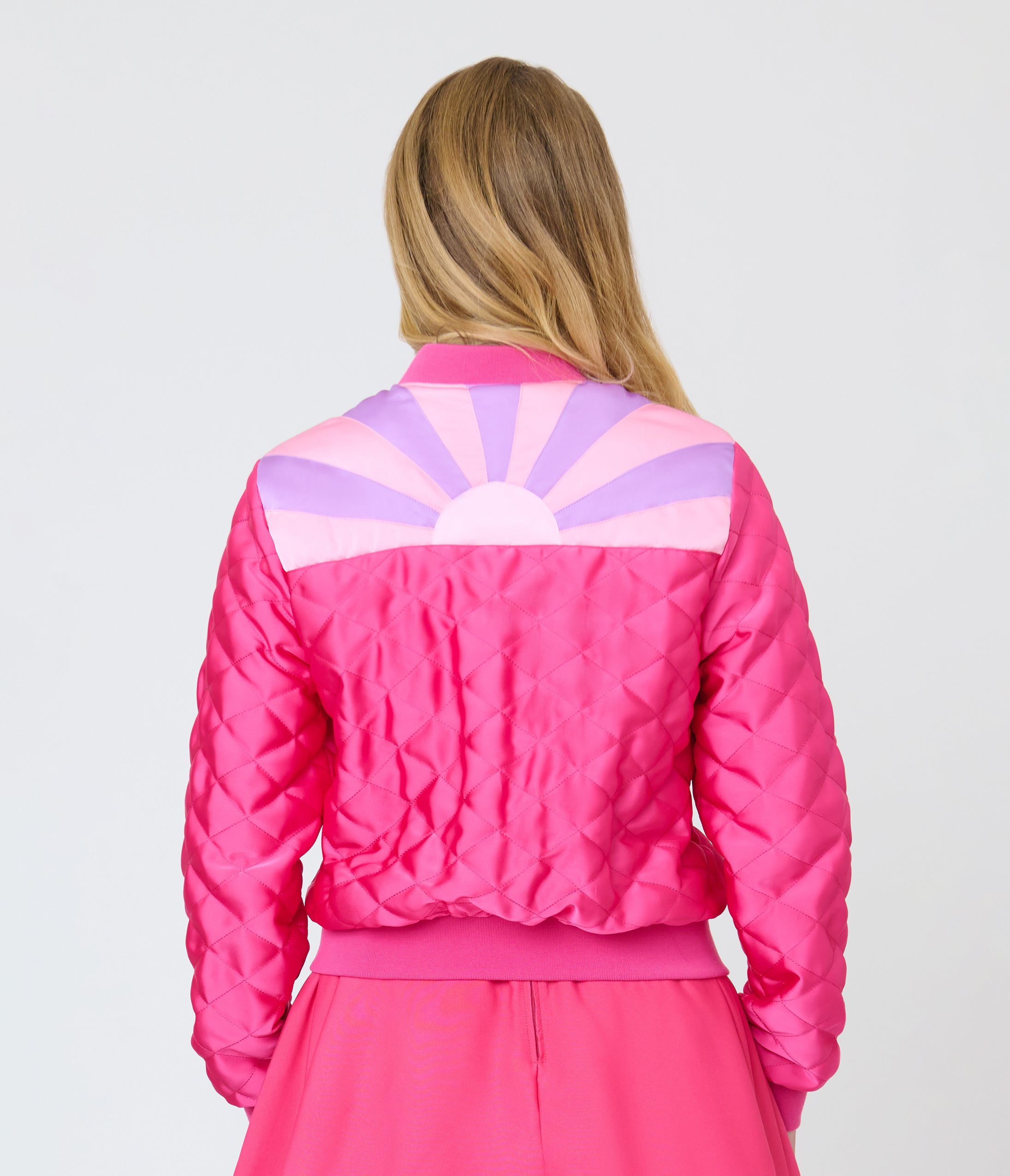 Barbie™ x Unique Vintage Pink Satin Quilted Varsity Jacket