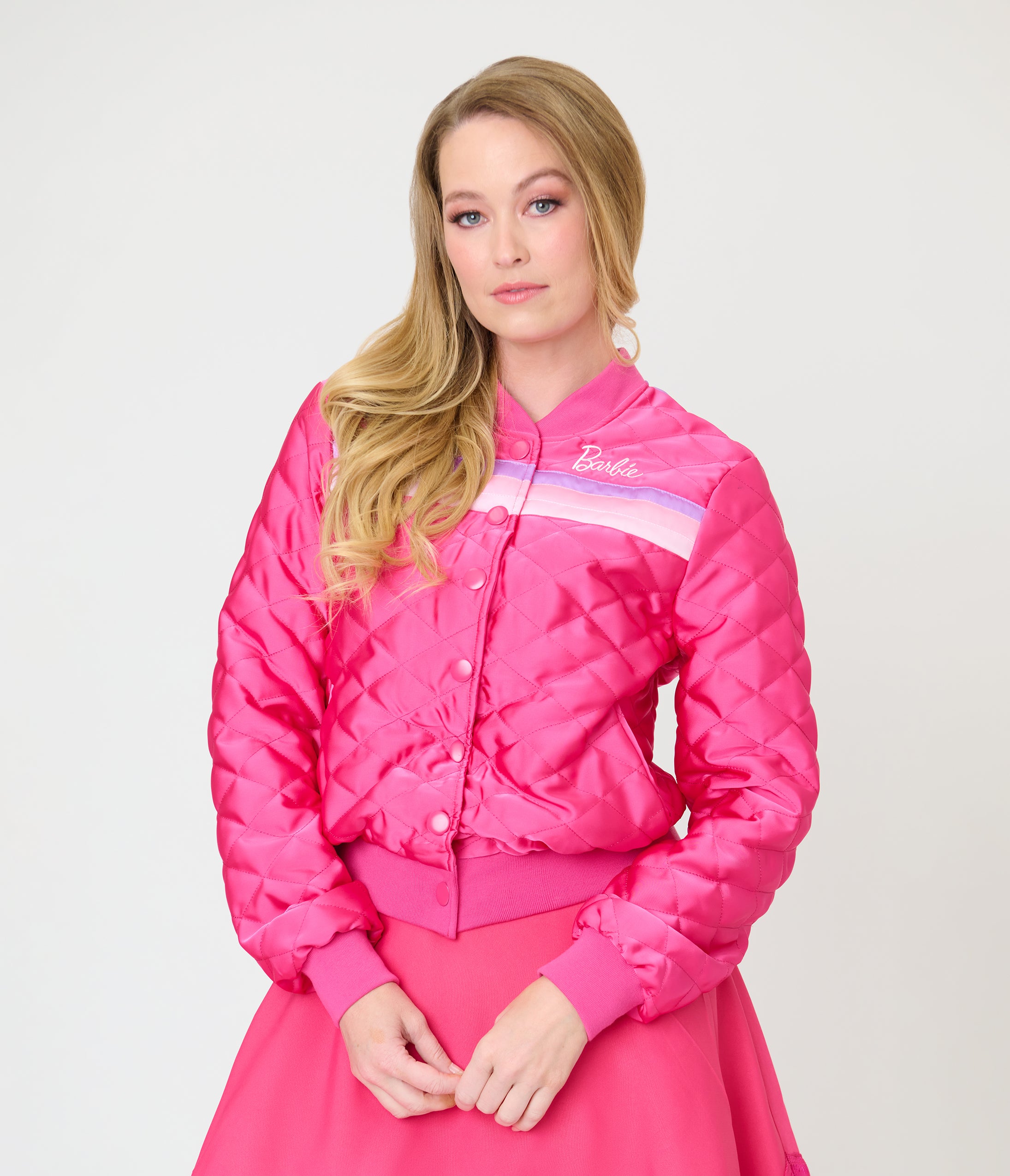 Barbie™ x Unique Vintage Pink Satin Quilted Varsity Jacket