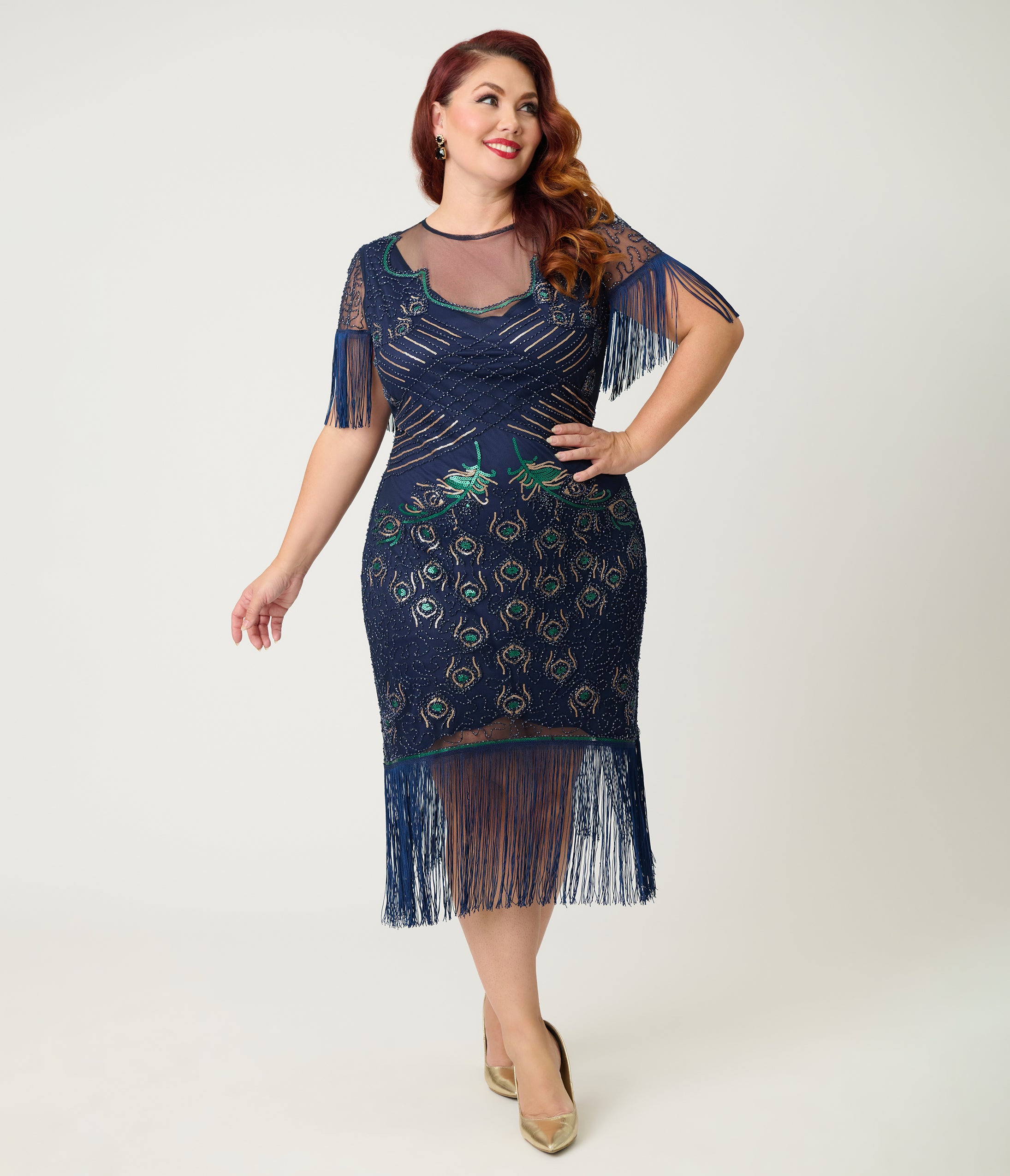 Unique Vintage Plus Size Navy & Green Peacock Beaded Nadine Fringe Flapper Dress