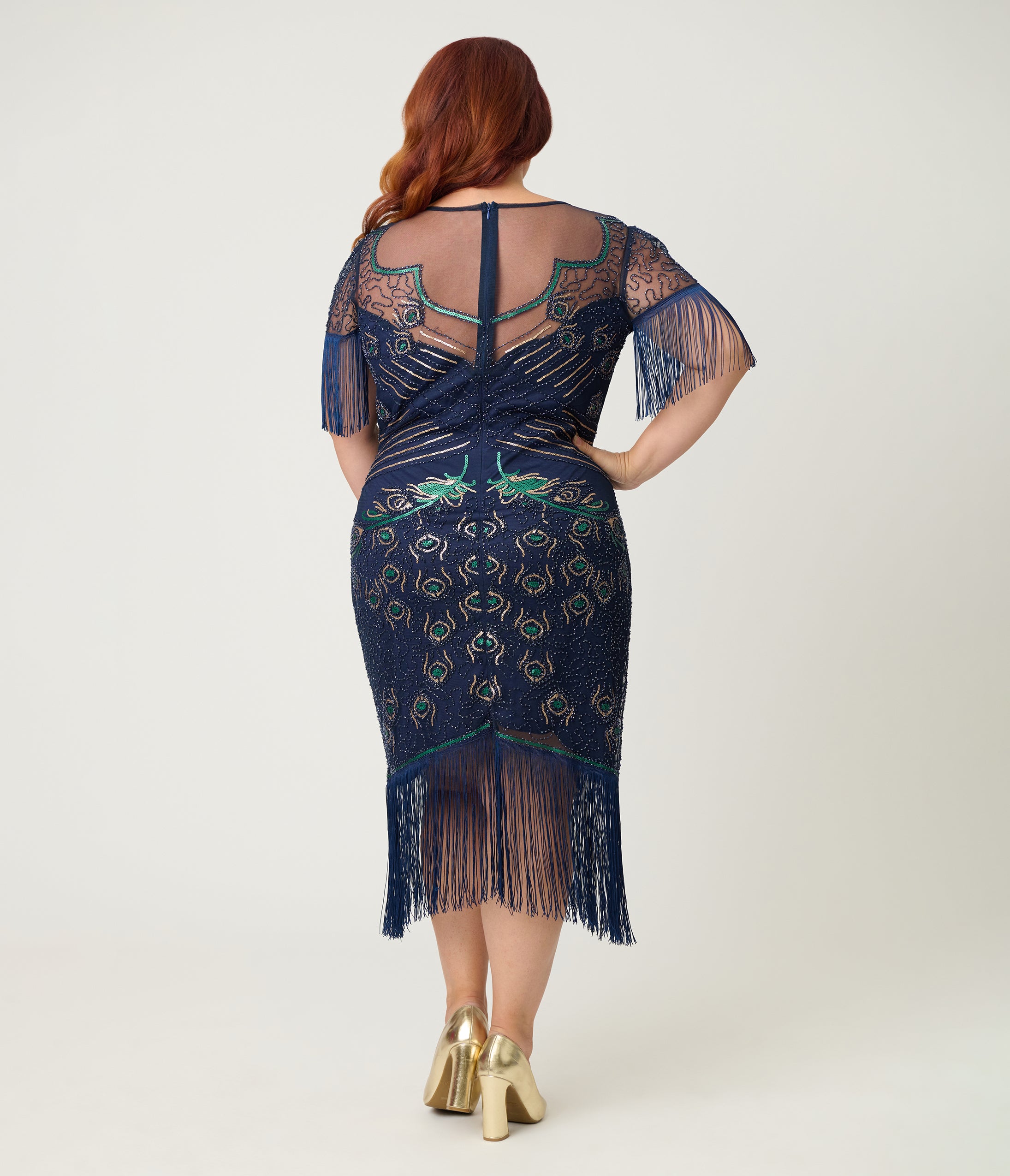 Unique Vintage Plus Size Navy & Green Peacock Beaded Nadine Fringe Flapper Dress