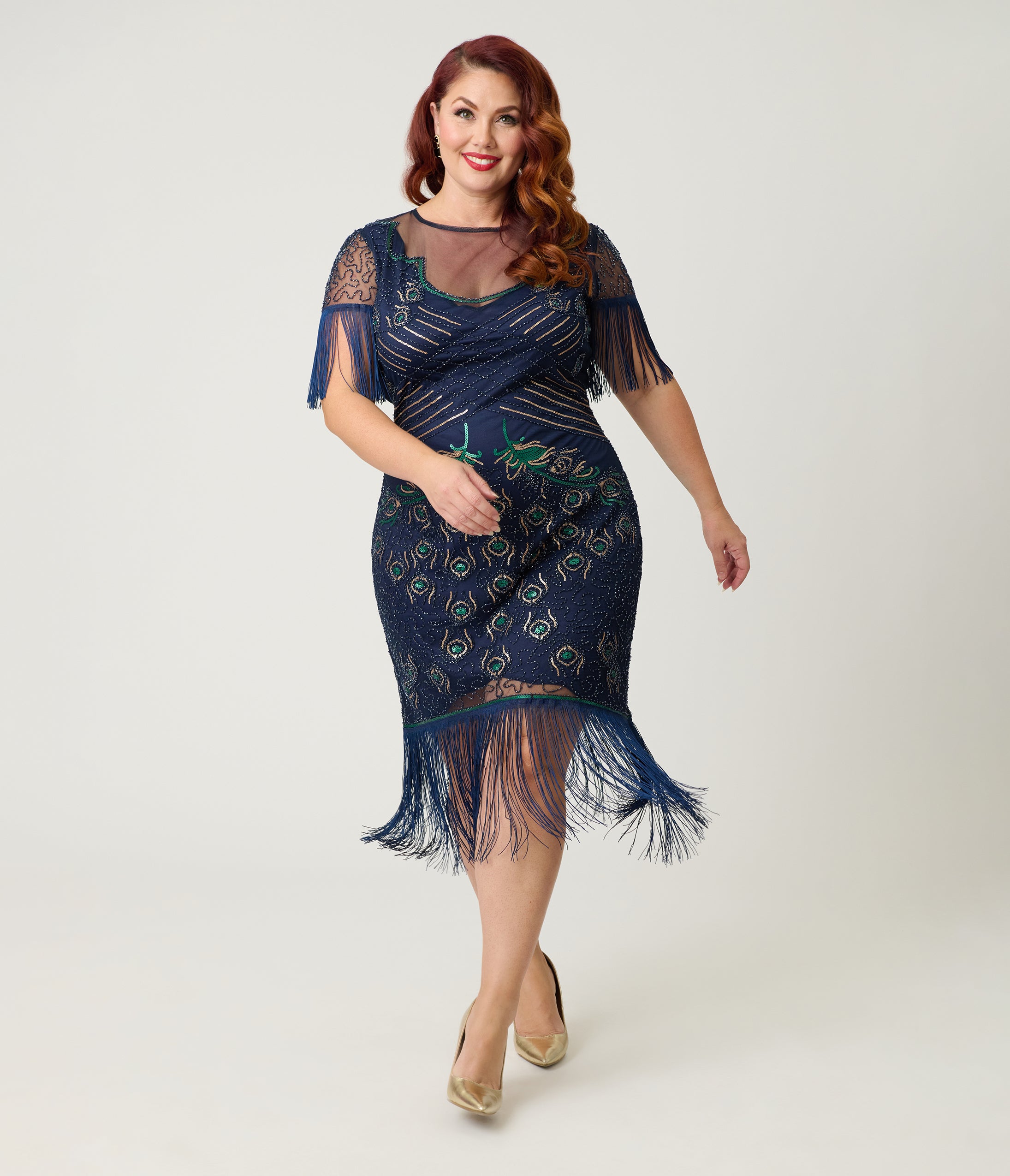 Unique Vintage Plus Size Navy & Green Peacock Beaded Nadine Fringe Flapper Dress
