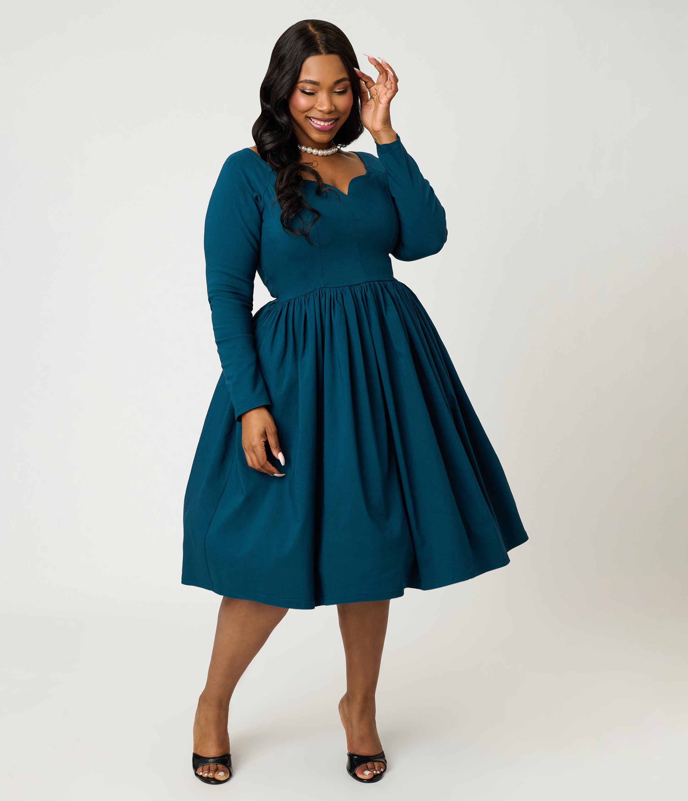 Unique Vintage Plus Size 1950s Teal Sweetheart Swing Dress