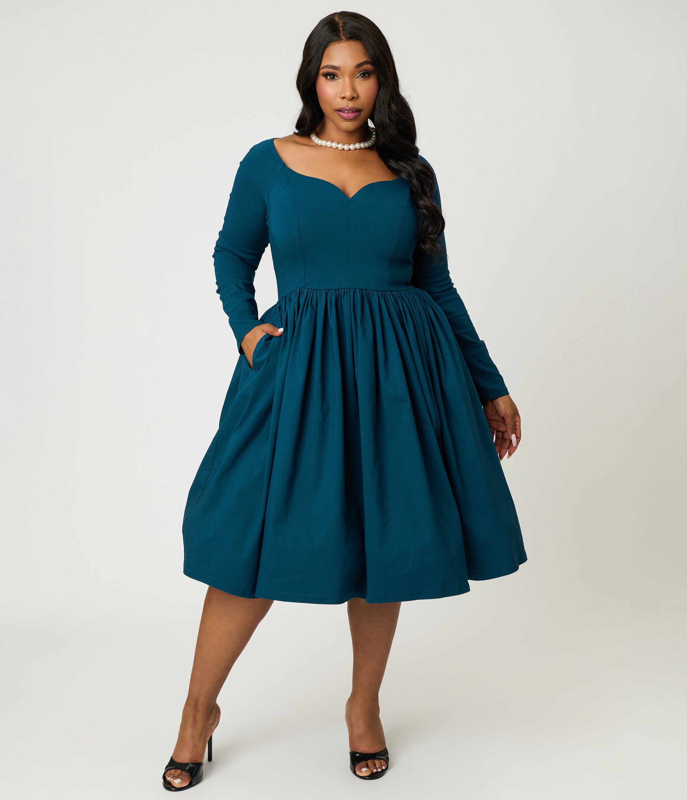 Unique Vintage Plus Size 1950s Teal Sweetheart Swing Dress