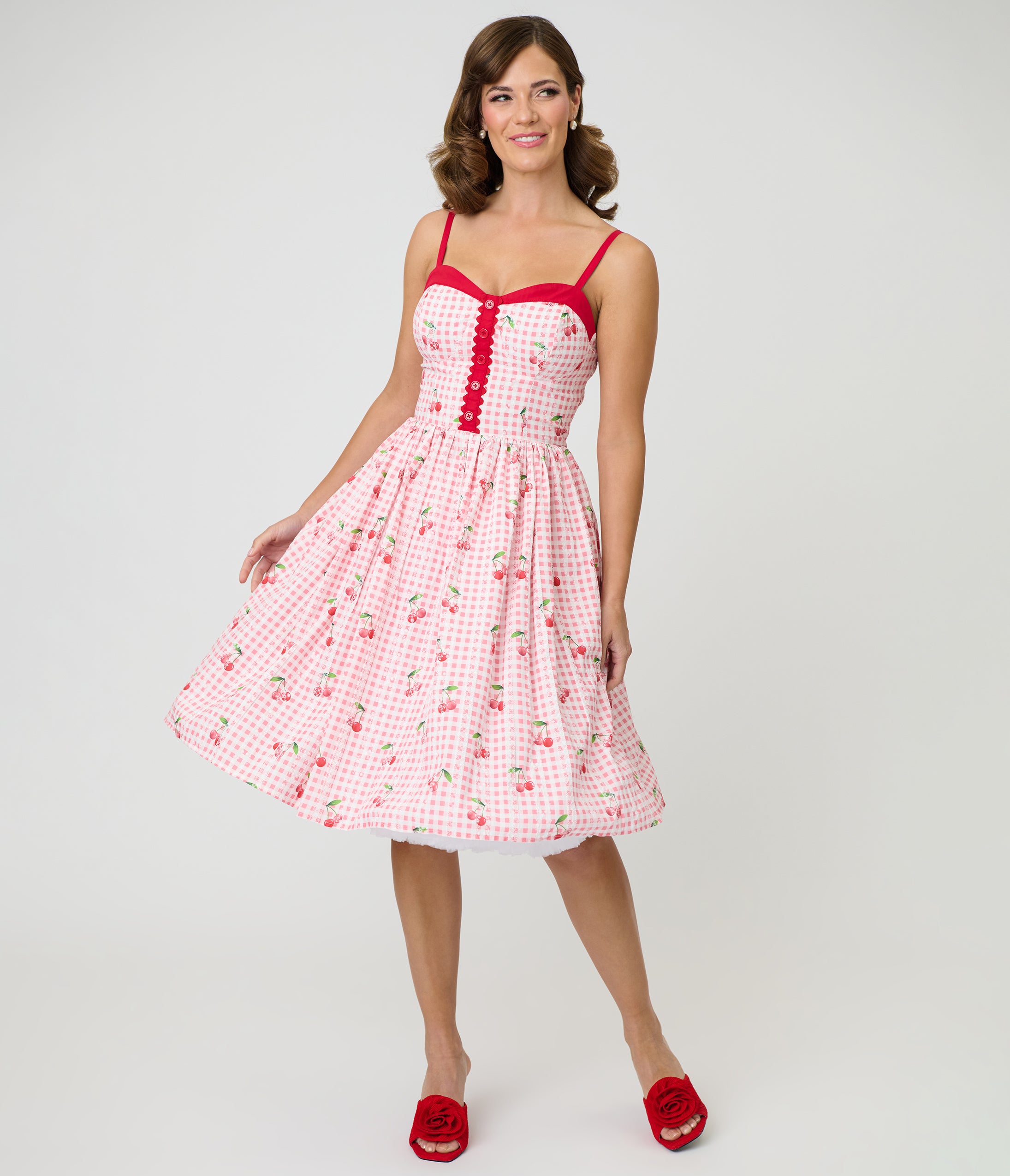 Unique Vintage Red Gingham & Cherries Sweetheart Swing Dress