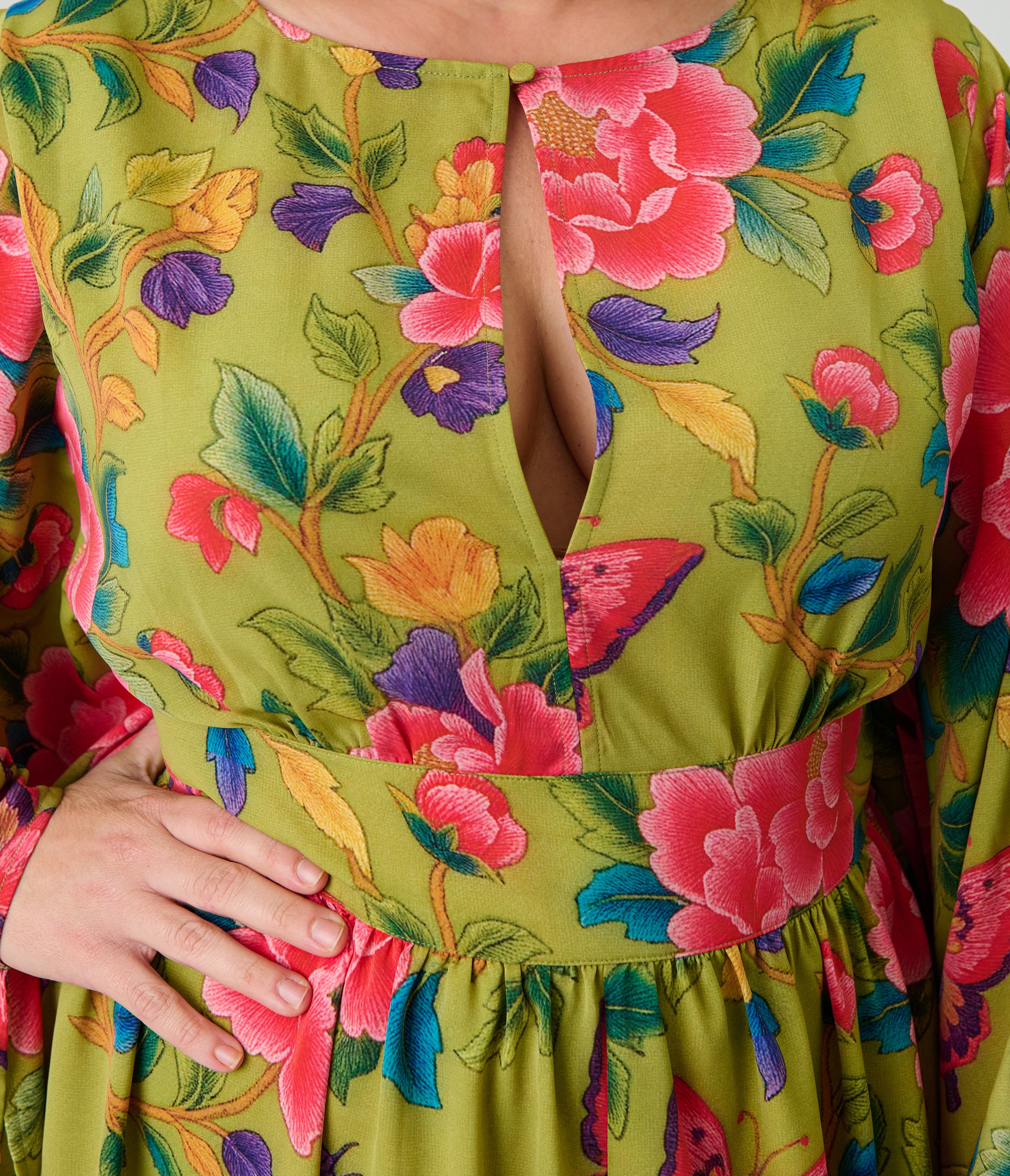Unique Vintage Plus Size Green & Pink Butterfly Floral Flutter Sleeve