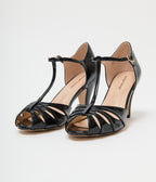 Unique Vintage Black Patent Peep Toe T-Strap Heels