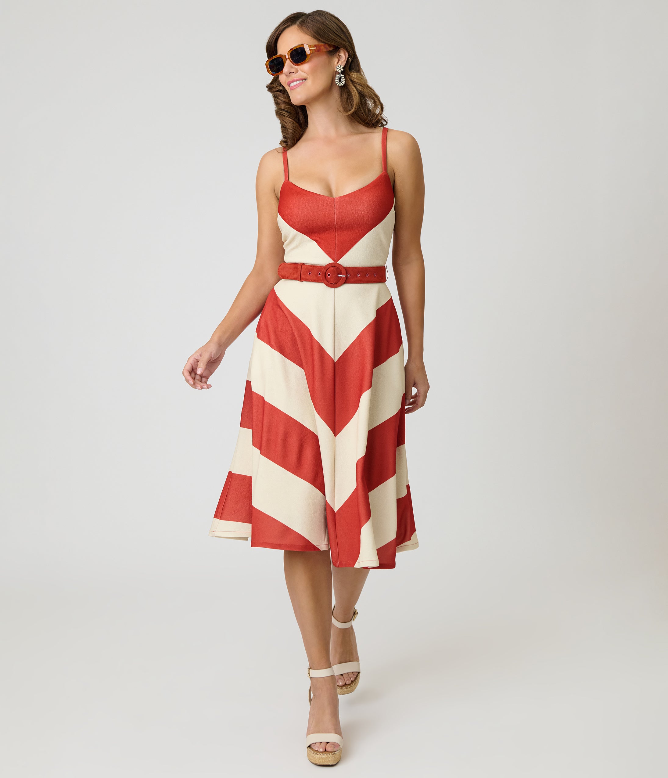 Smak Parlour Rust & Ivory Spaghetti Strap Chevron Midi Dress
