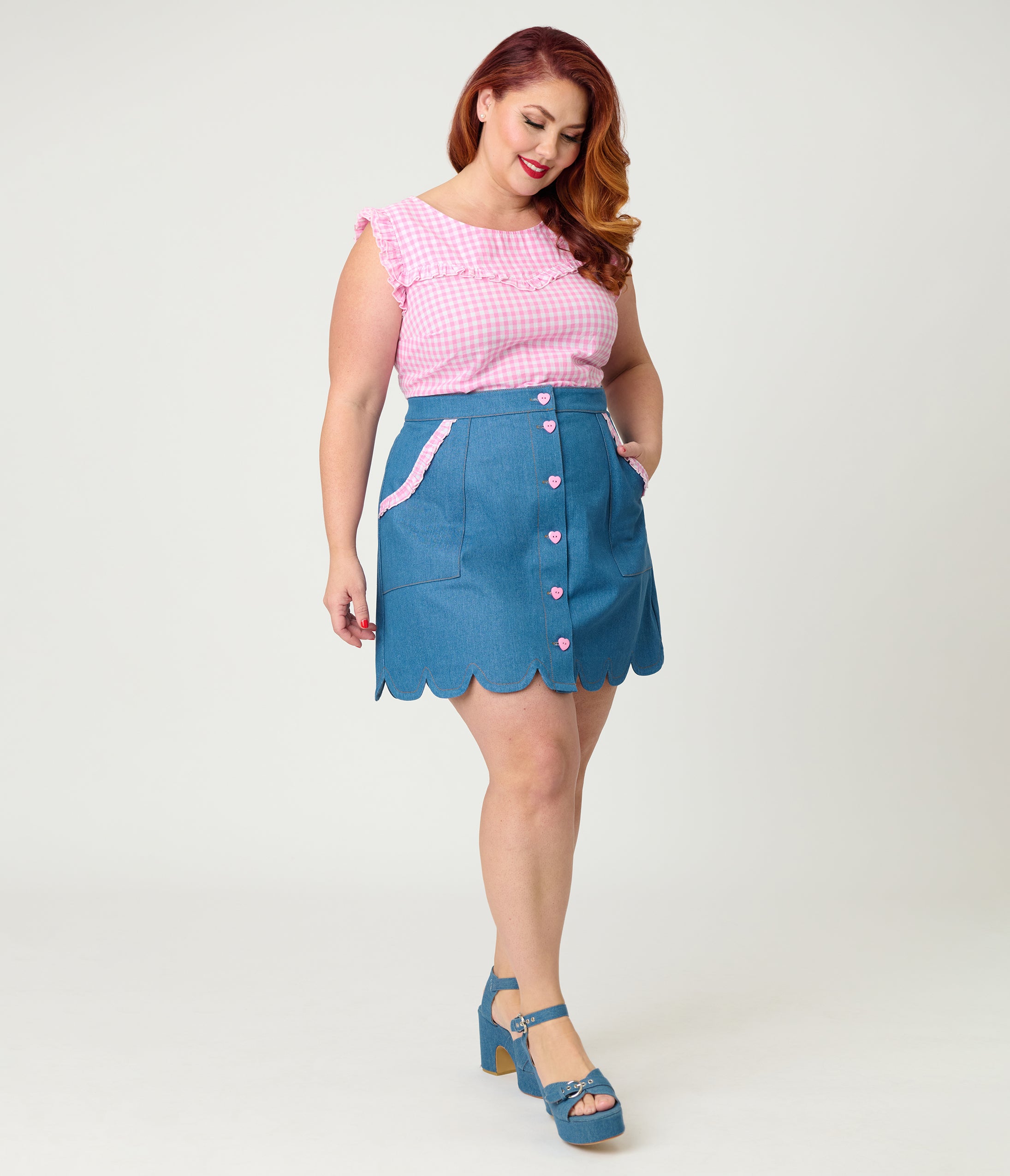Smak Parlour Plus Size Denim & Pink Gingham Campus Mini Skirt