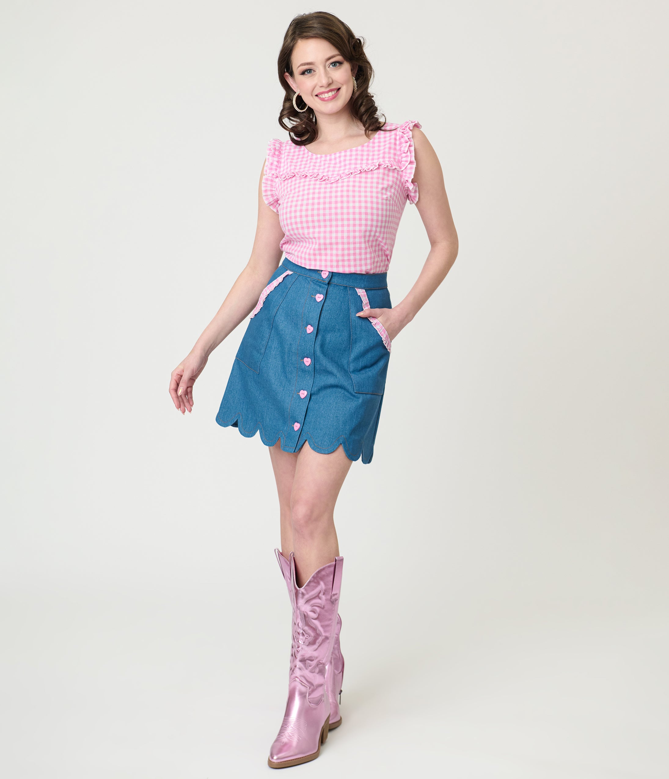 Smak Parlour Denim & Pink Gingham Campus Mini Skirt