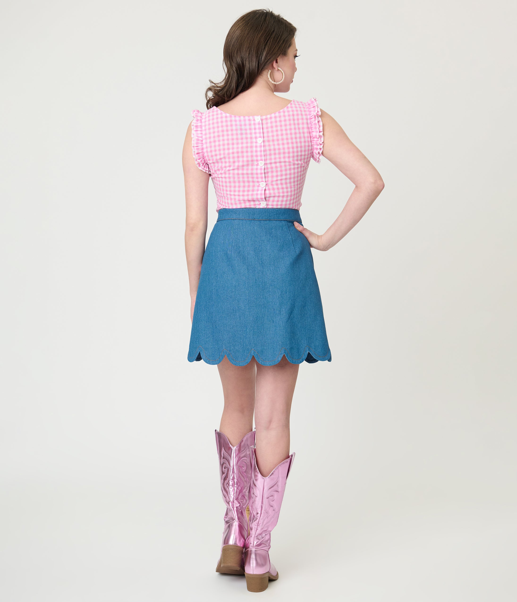 Smak Parlour Denim & Pink Gingham Campus Mini Skirt