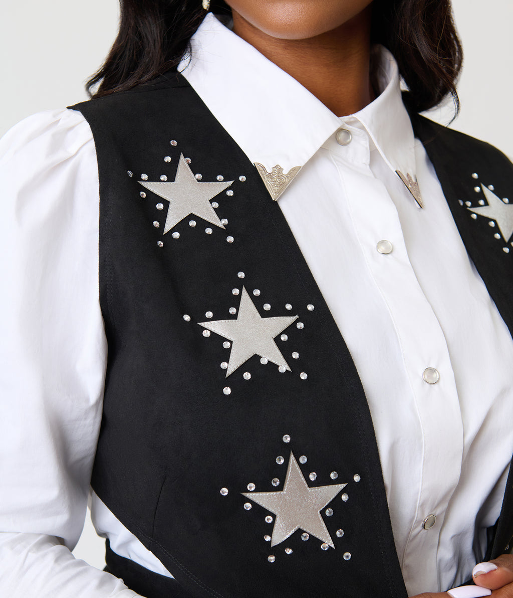 Unique Vintage Plus Size Black & Silver Rhinestone Star Suede Fringe Vest