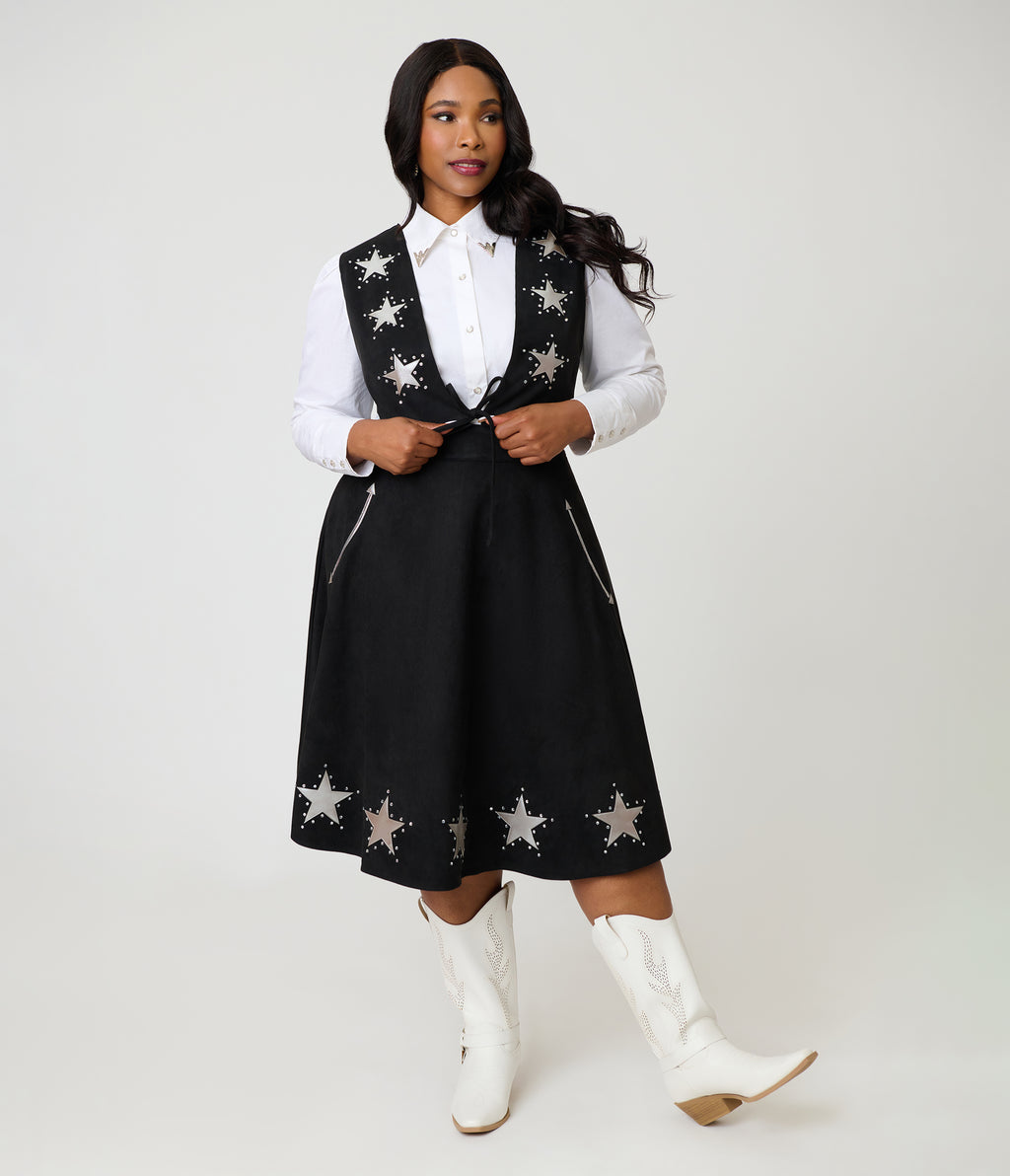 Unique Vintage Plus Size Black & Silver Rhinestone Star Suede Fringe Vest