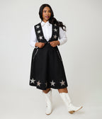 Unique Vintage Plus Size Black & Silver Rhinestone Star Suede Fringe Vest