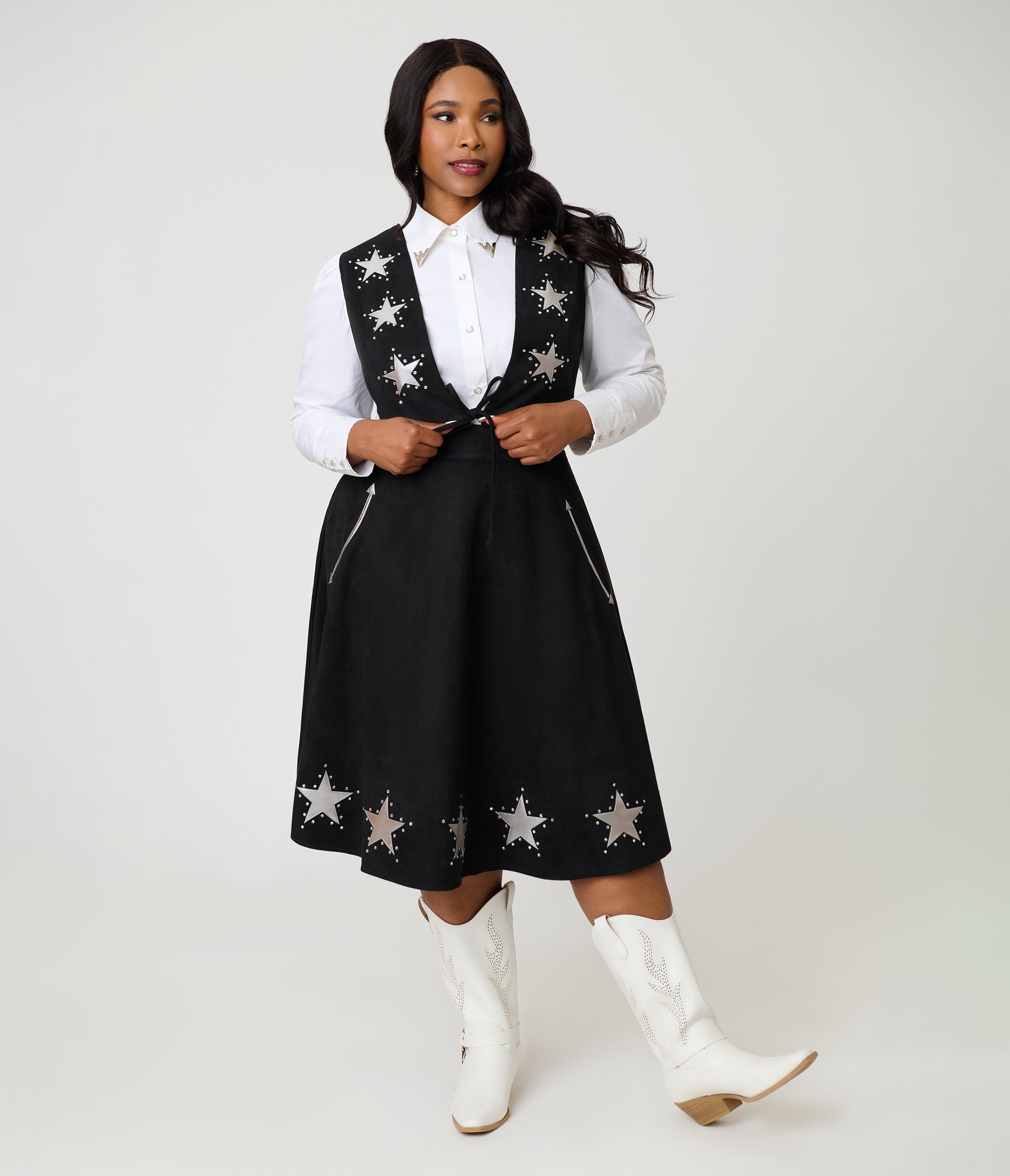 Unique Vintage Plus Size Black & Silver Rhinestone Star Suede Fringe Vest