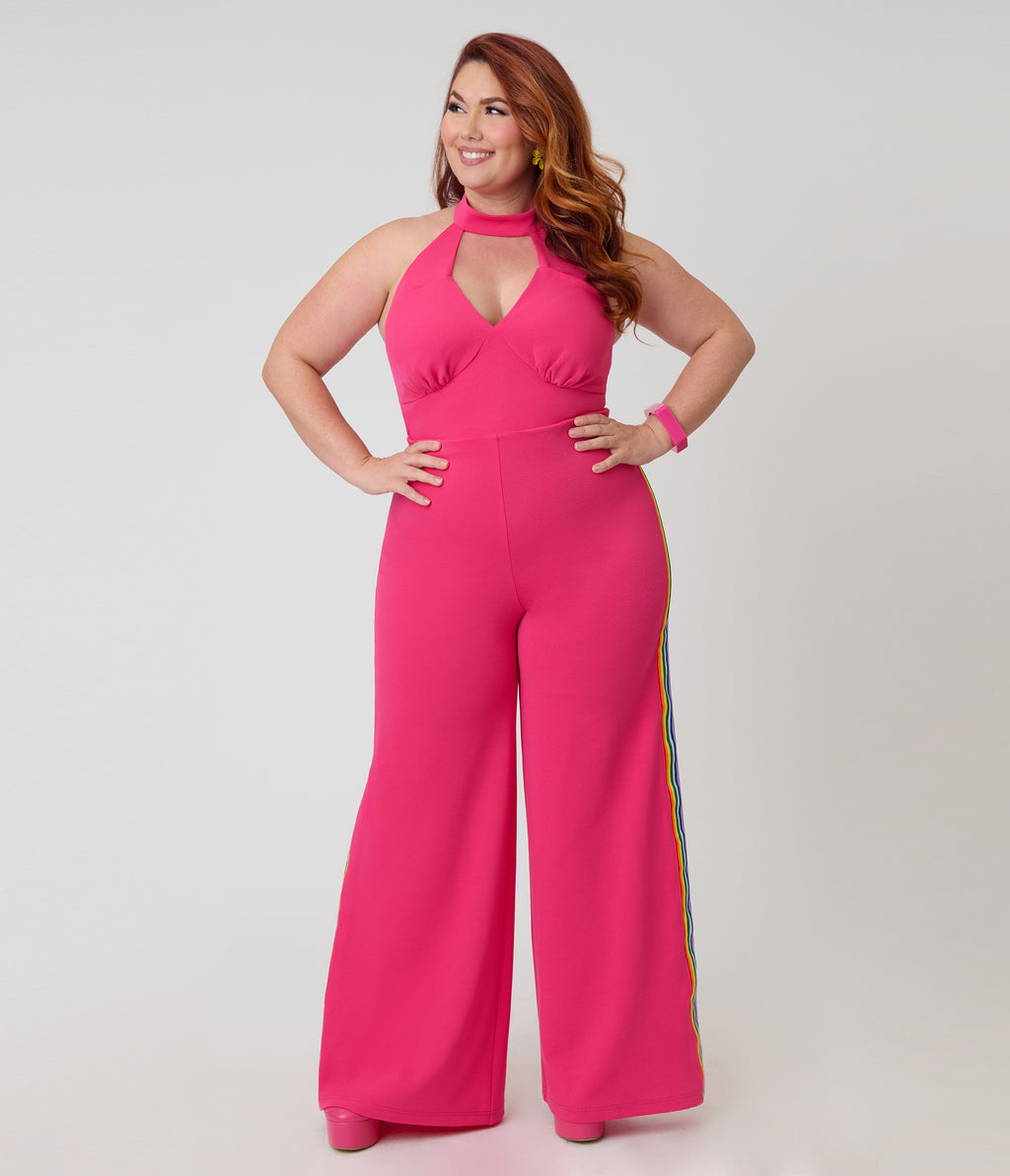 Smak Parlour Plus Size Hot Pink Rainbow Stripe Glamour Goddess Jumpsuit