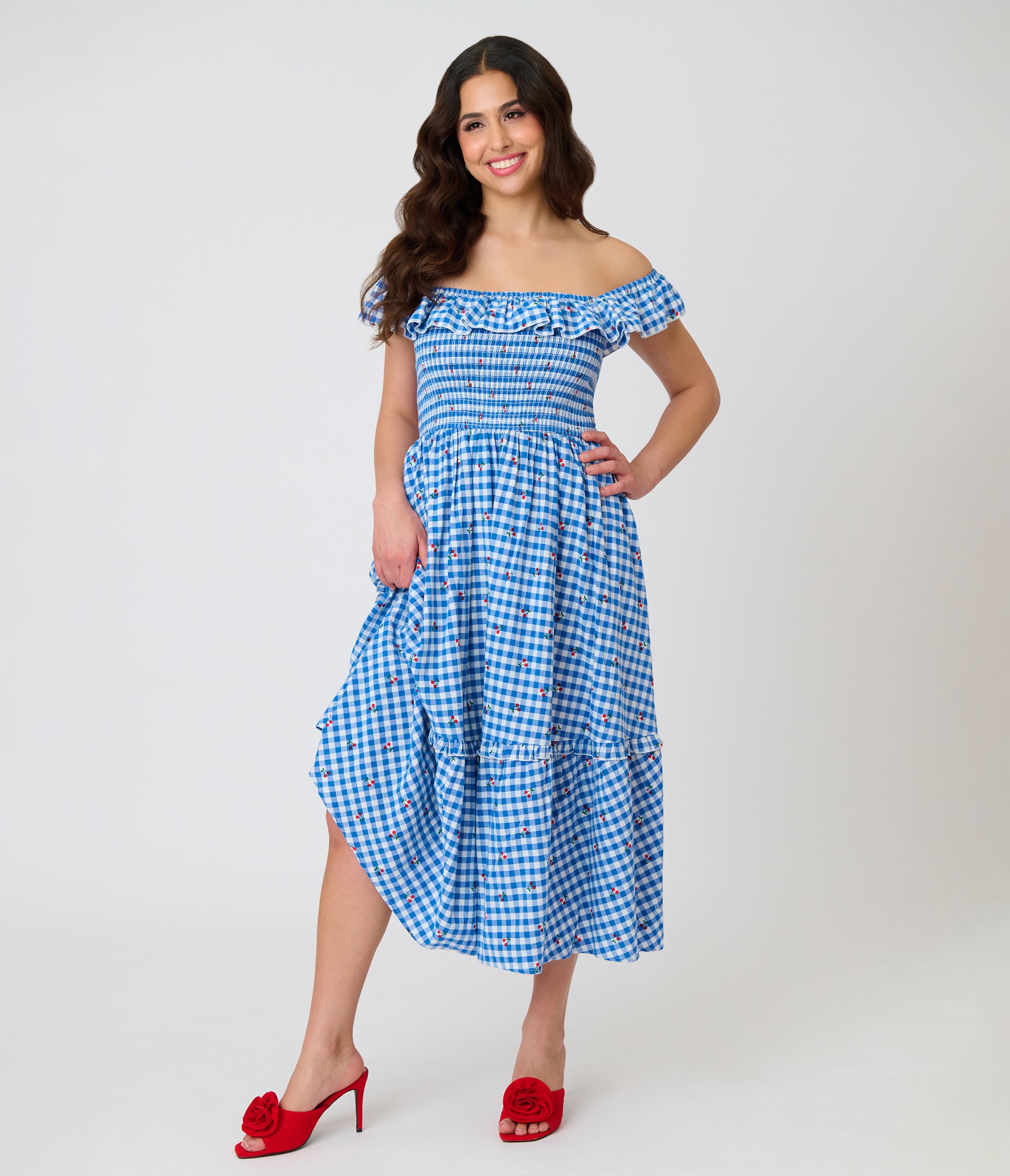 Unique Vintage Blue Gingham & Cherries Midi Dress