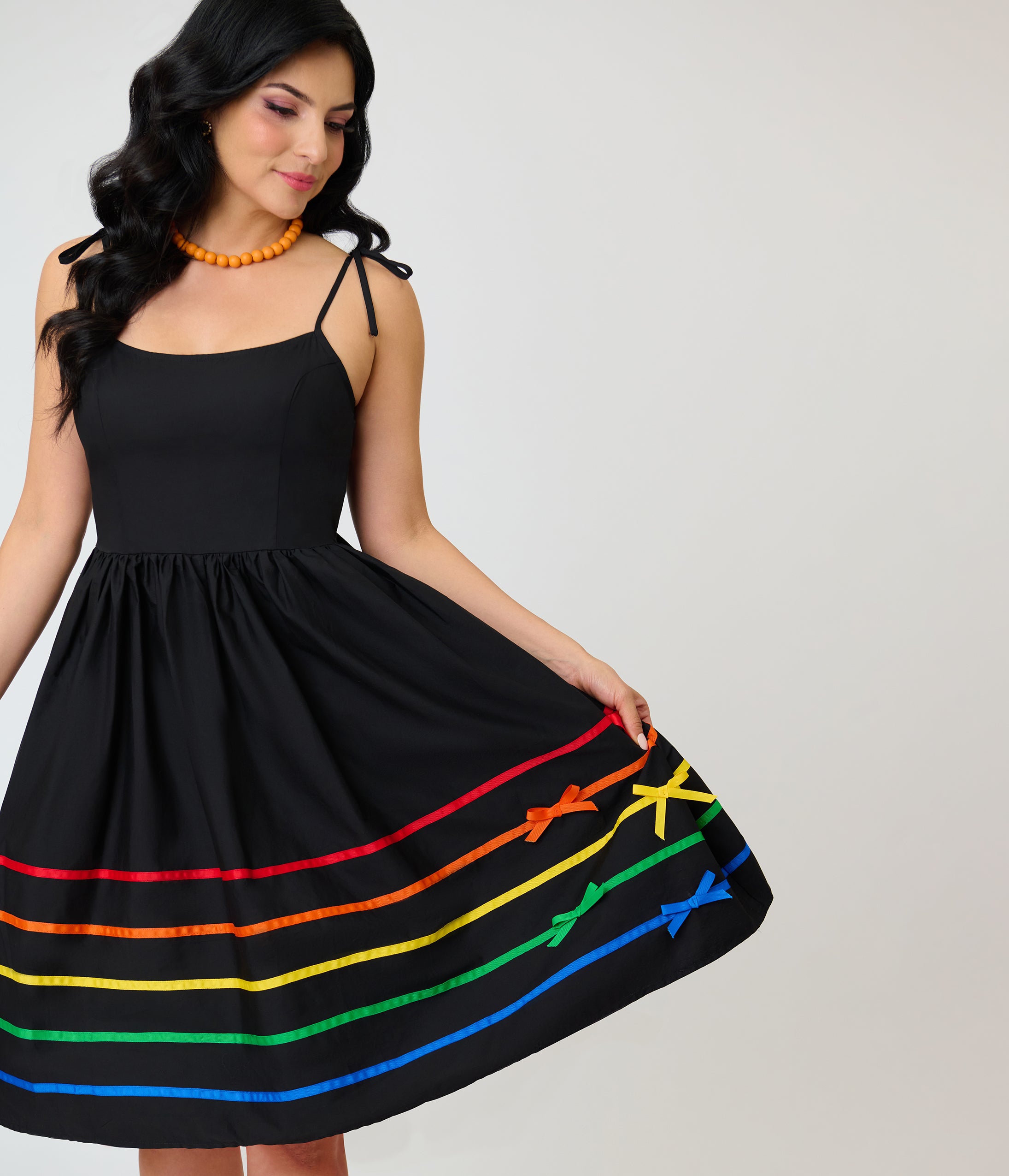 Unique Vintage Black & Rainbow Ribbon Bobbie Swing Dress Unique Vintage Black & Rainbow Ribbon Bobbie Swing Dress