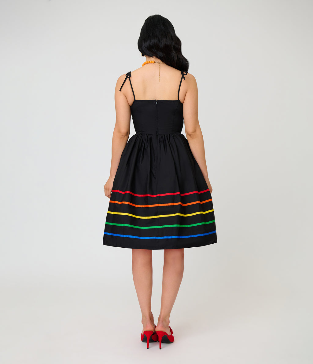 Unique Vintage Black & Rainbow Ribbon Bobbie Swing Dress
