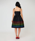 Unique Vintage Black & Rainbow Ribbon Bobbie Swing Dress