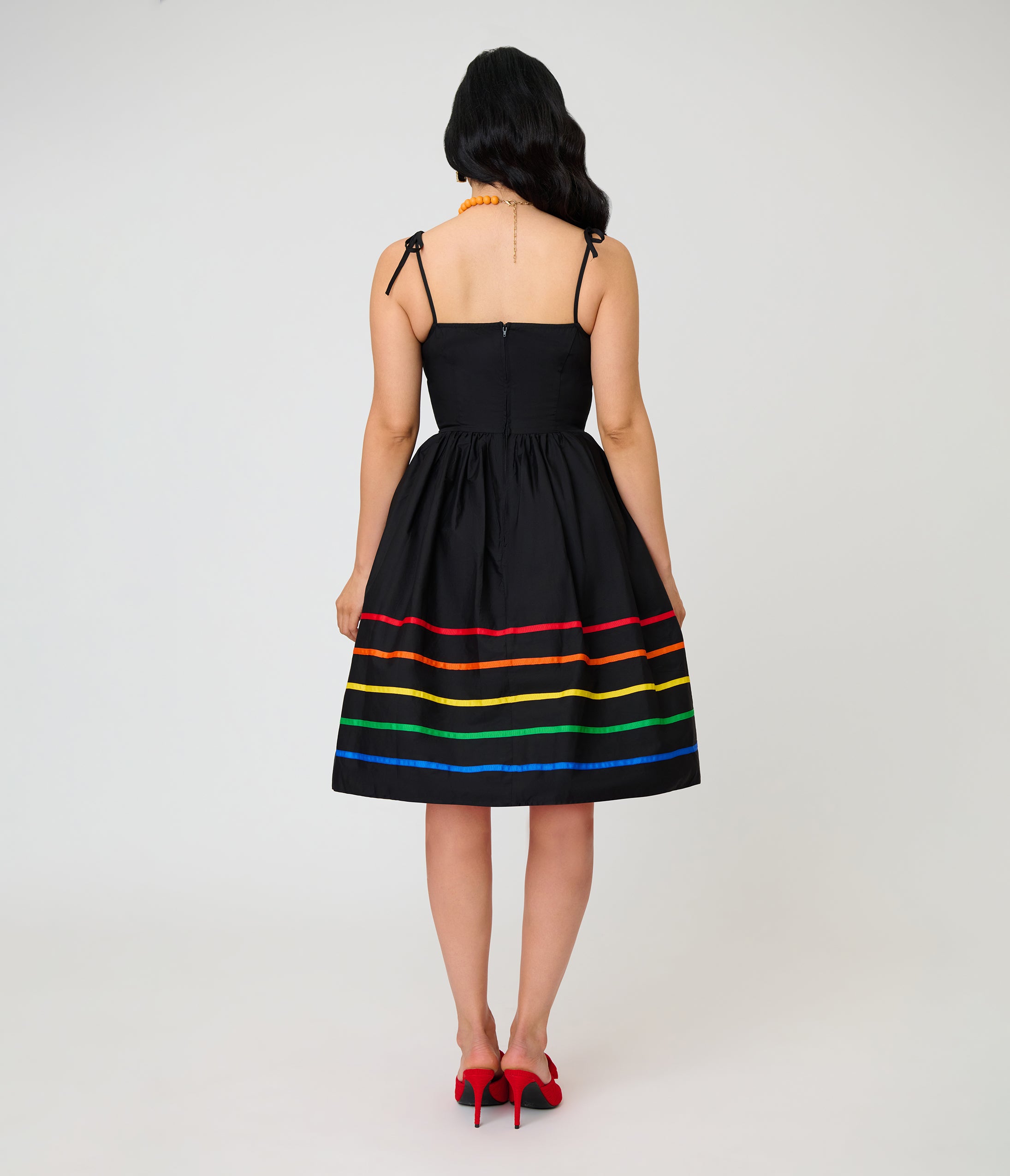 Unique Vintage Black & Rainbow Ribbon Bobbie Swing Dress
