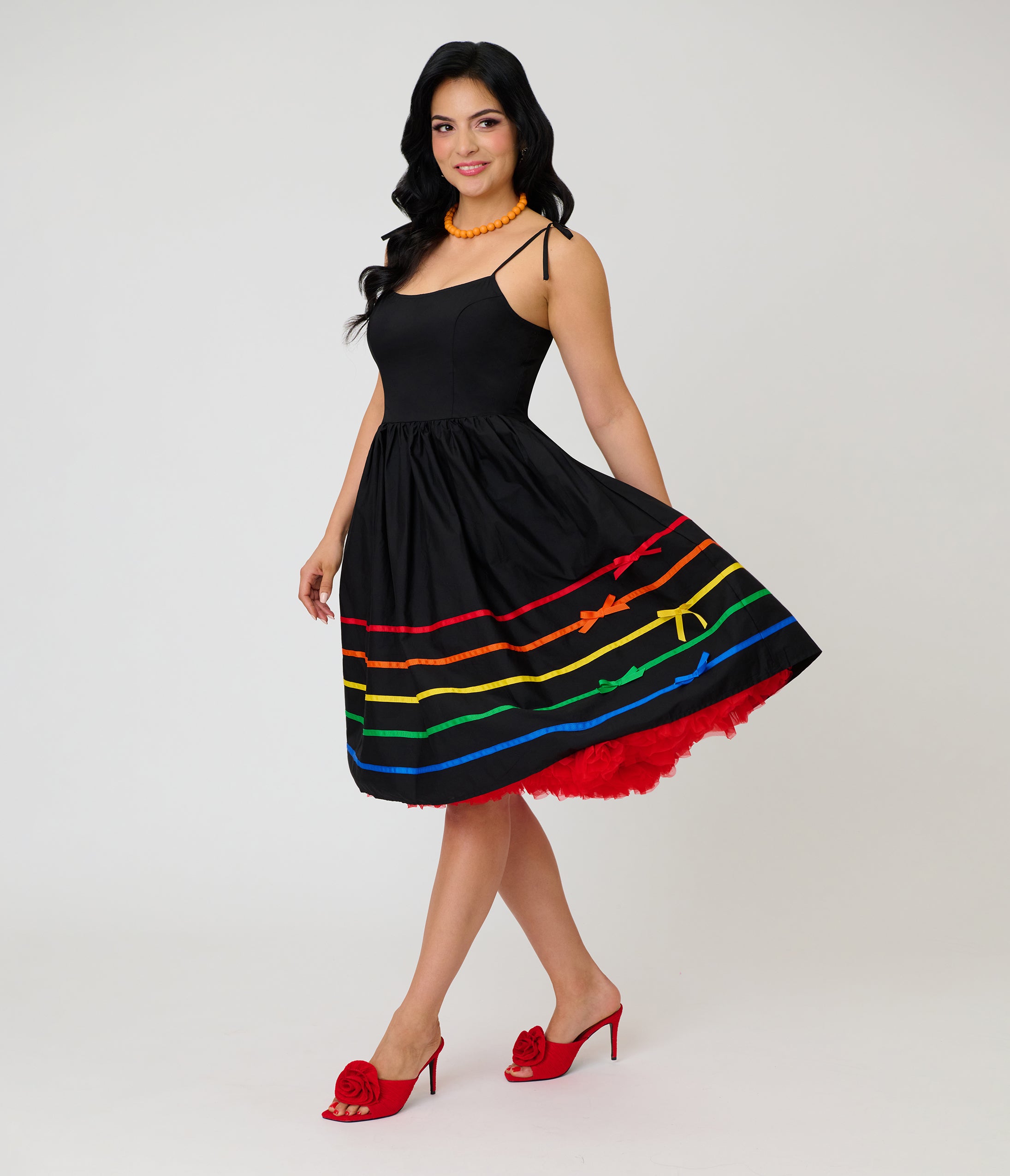 Unique Vintage Black & Rainbow Ribbon Bobbie Swing Dress