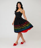 Unique Vintage Black & Rainbow Ribbon Bobbie Swing Dress