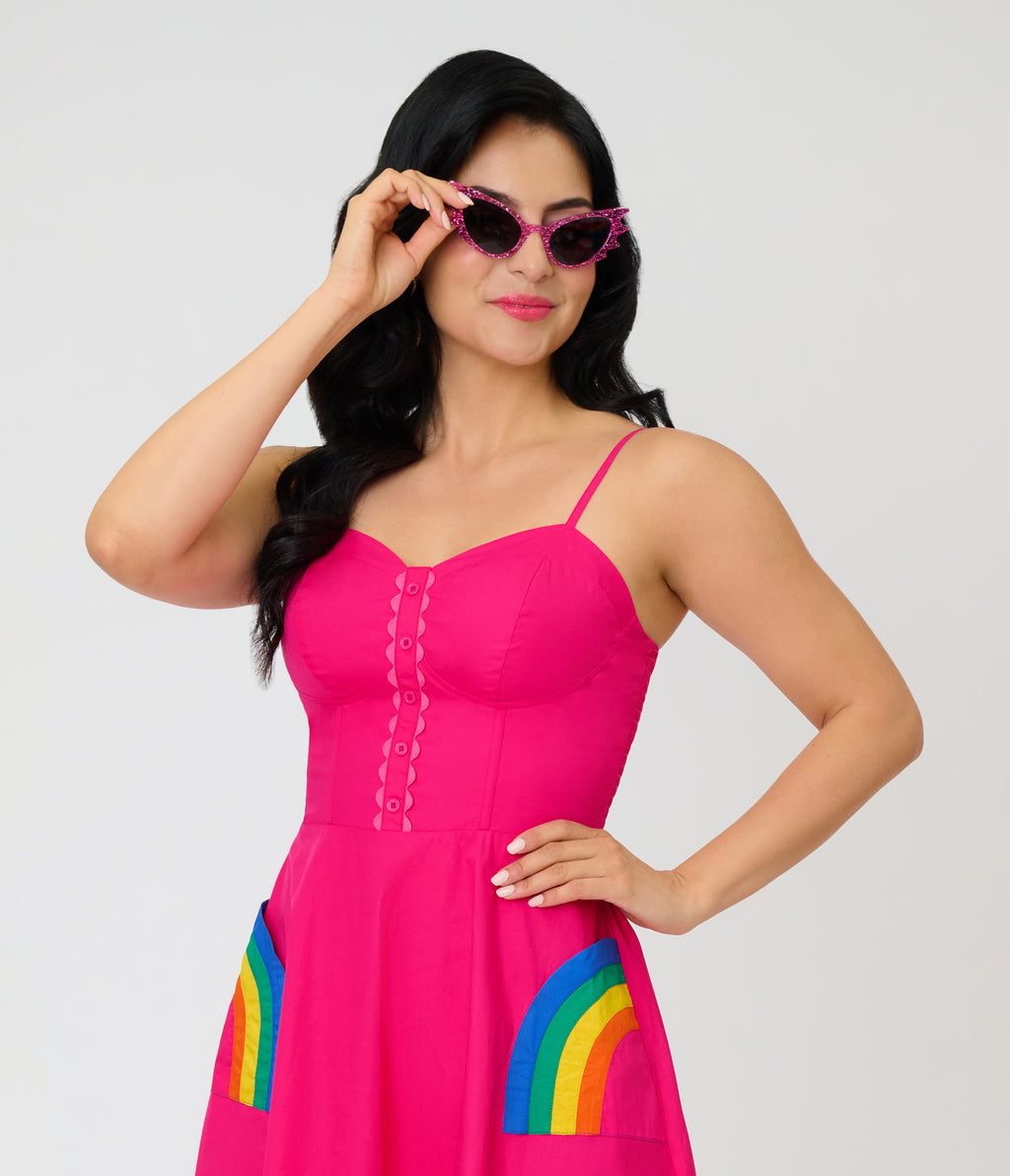 Unique Vintage Hot Pink & Rainbow Pockets Sweetheart Swing Dress