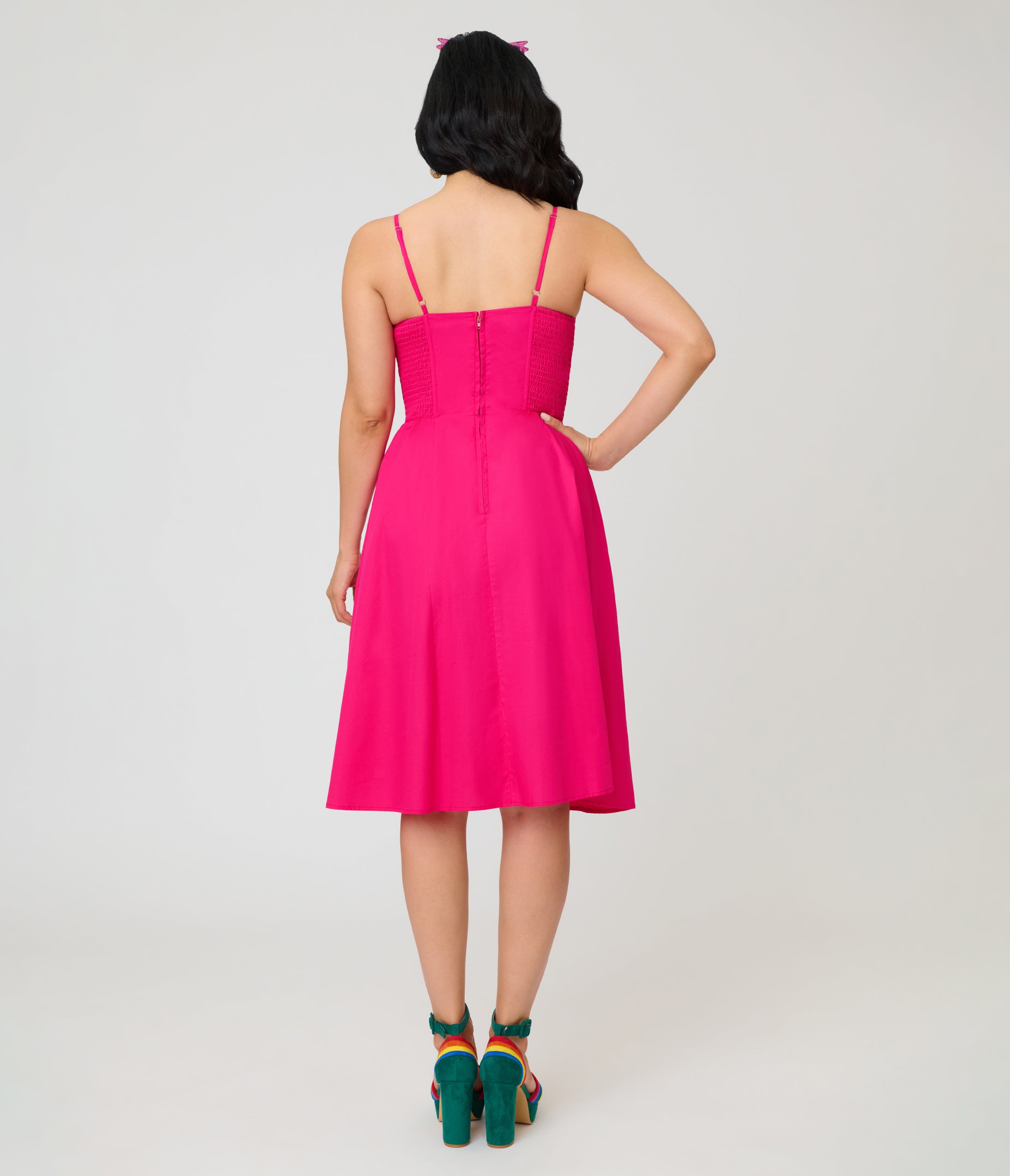 Unique Vintage Hot Pink & Rainbow Pockets Sweetheart Swing Dress