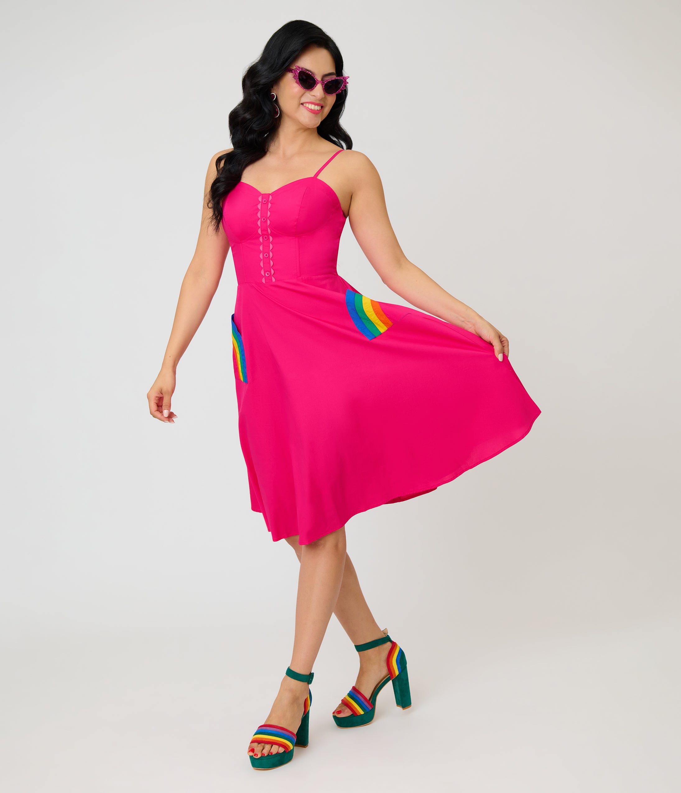 Unique Vintage Hot Pink & Rainbow Pockets Sweetheart Swing Dress Unique Vintage Hot Pink & Rainbow Pockets Sweetheart Swing Dress