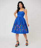 Unique Vintage Blue & Rainbow Striped Butterfly Cutout Bobbie Swing Dress
