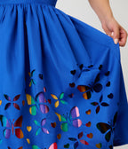 Unique Vintage Blue & Rainbow Striped Butterfly Cutout Bobbie Swing Dress