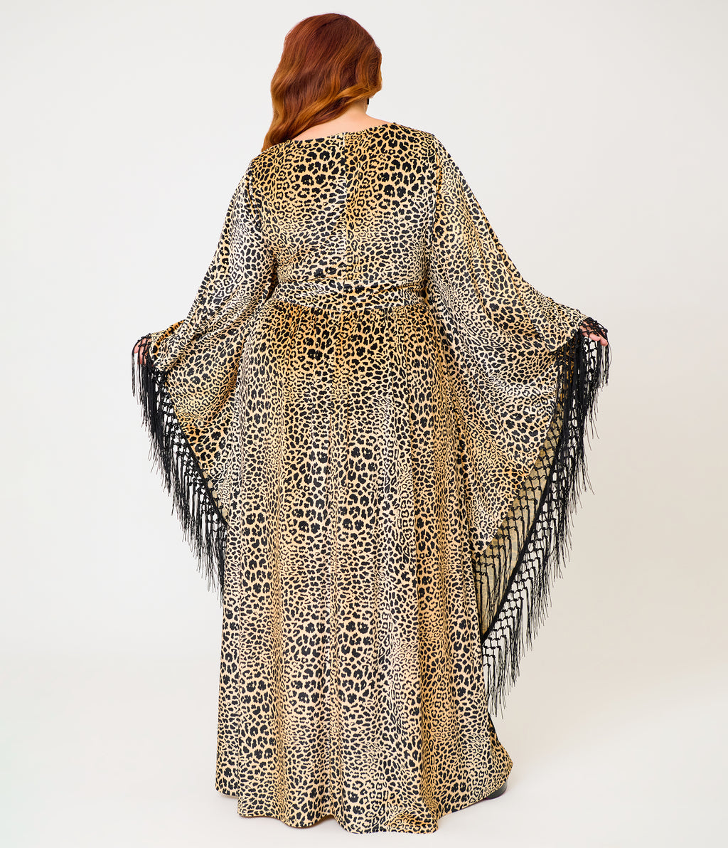 Unique Vintage Plus Size Leopard Print Velvet Fringe Flutter Sleeve Dionne Caftan