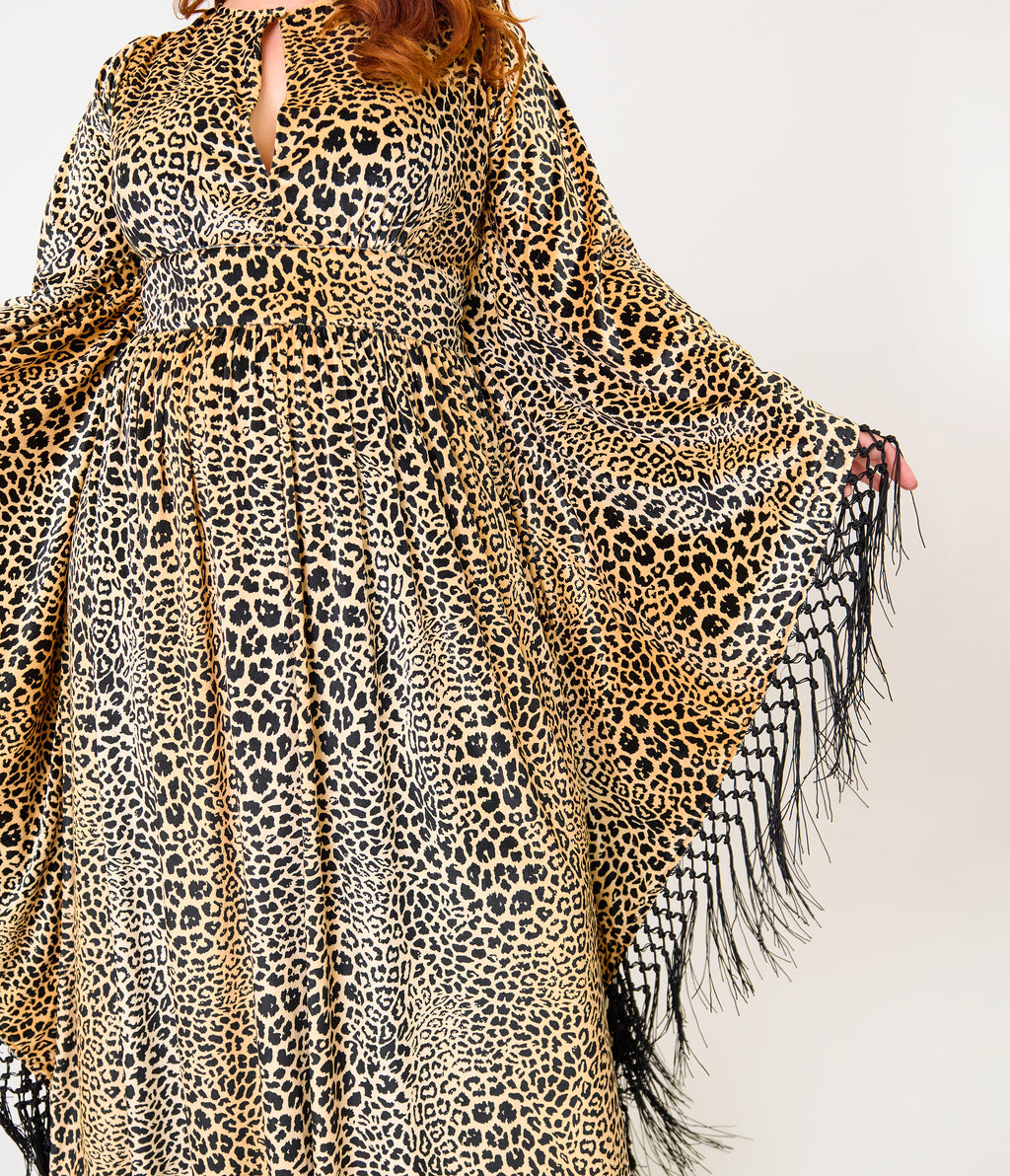 Unique Vintage Plus Size Leopard Print Velvet Fringe Flutter Sleeve Dionne Caftan