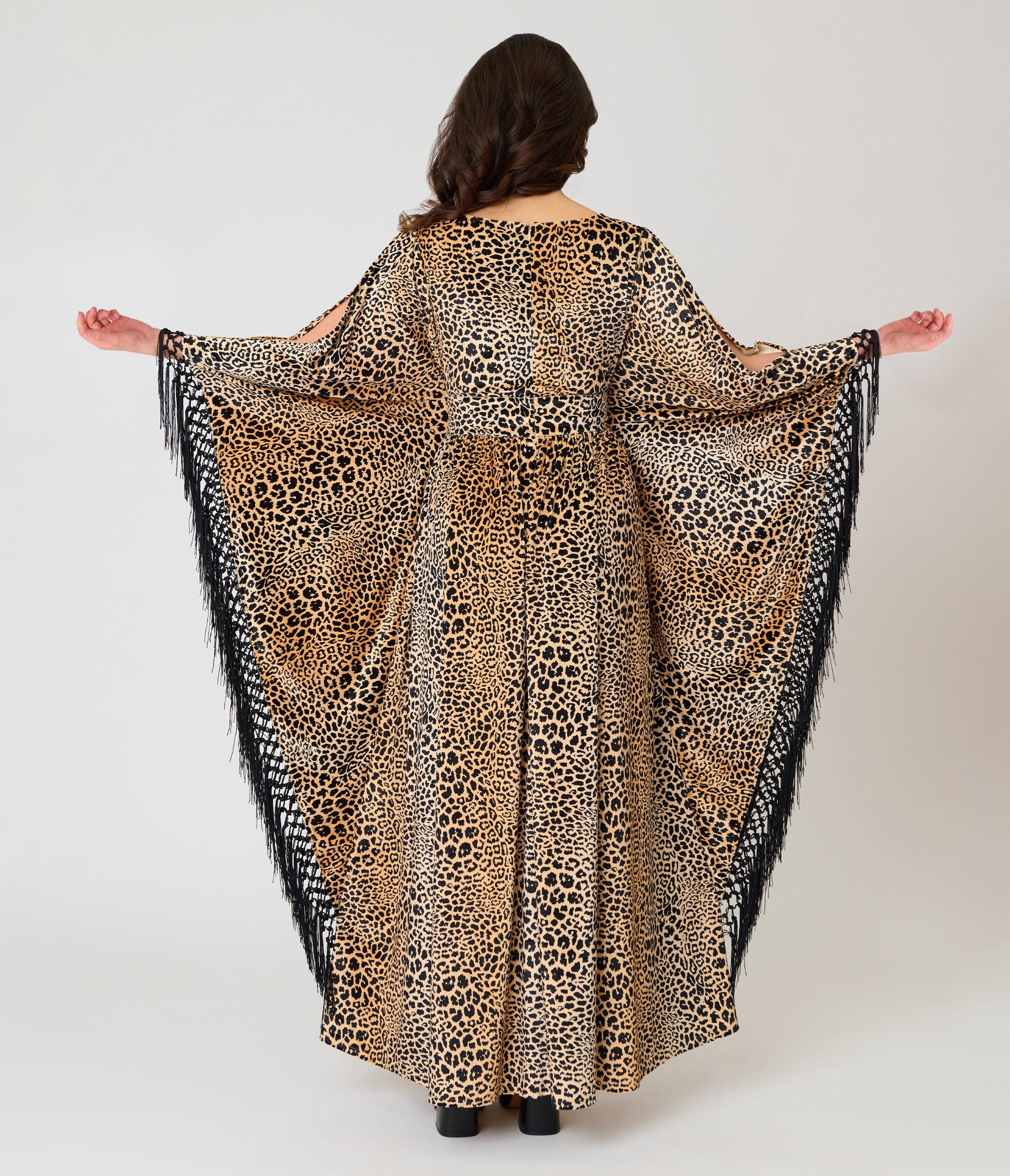 Unique Vintage Leopard Print Velvet Fringe Flutter Sleeve Dionne Caftan