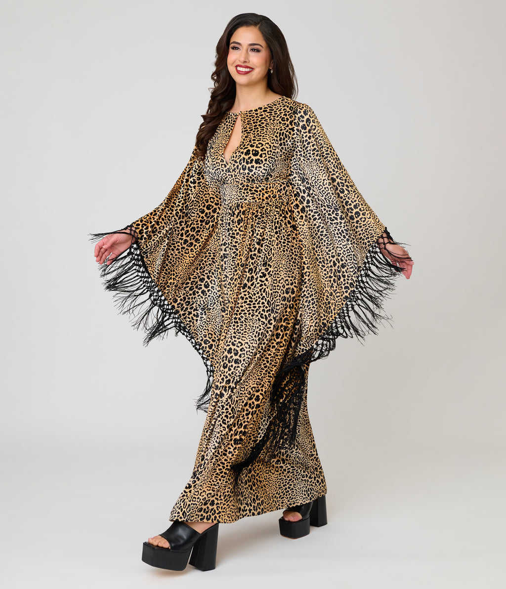 Unique Vintage Leopard Print Velvet Fringe Flutter Sleeve Dionne Caftan