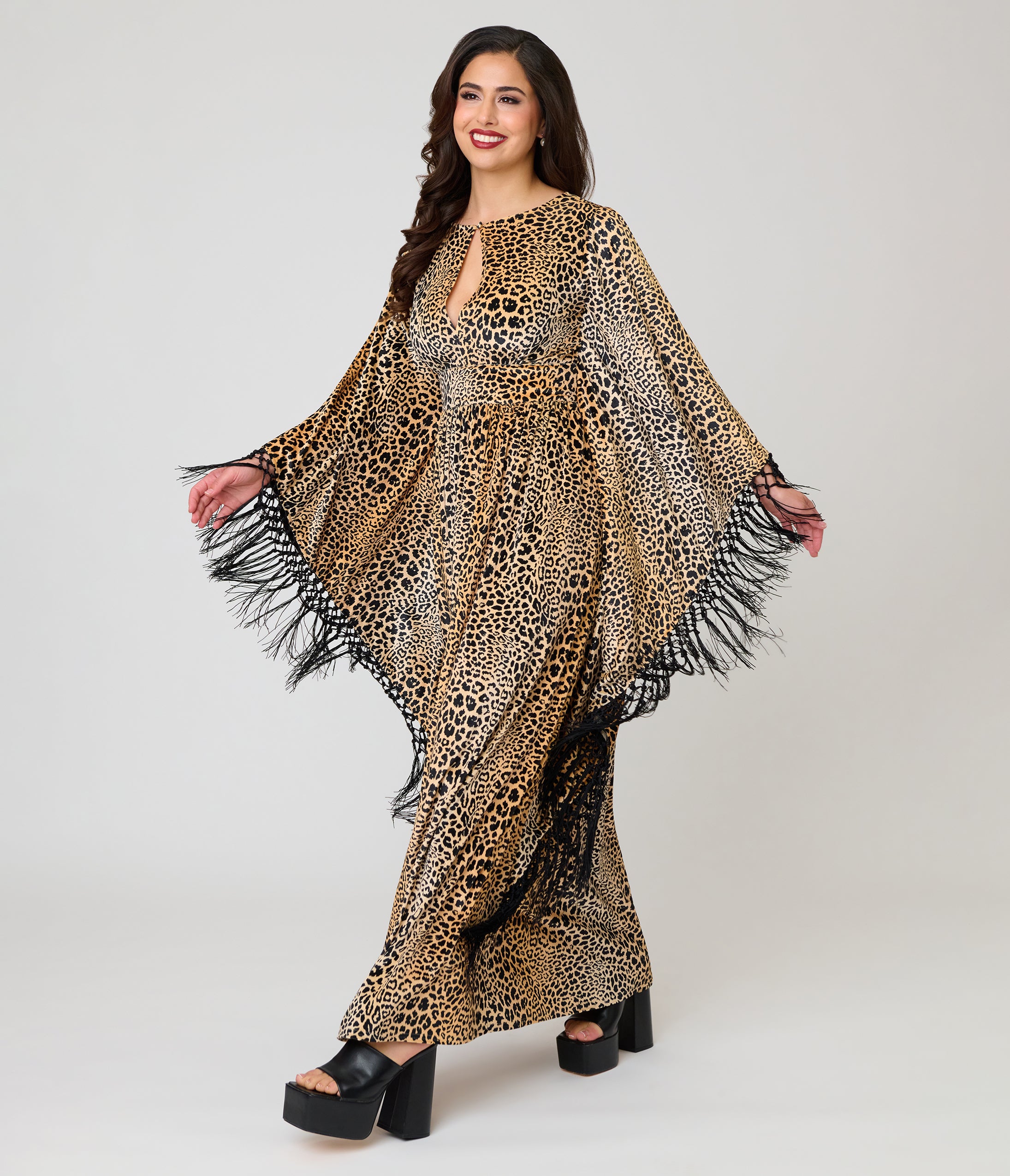 Unique Vintage Leopard Print Velvet Fringe Flutter Sleeve Dionne Caftan