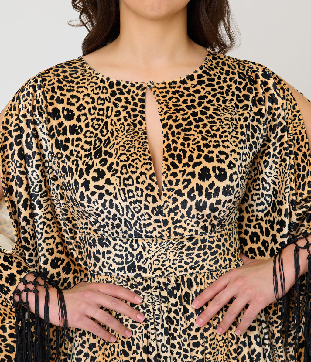 Unique Vintage Leopard Print Velvet Fringe Flutter Sleeve Dionne Caftan
