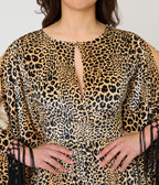 Unique Vintage Leopard Print Velvet Fringe Flutter Sleeve Dionne Caftan