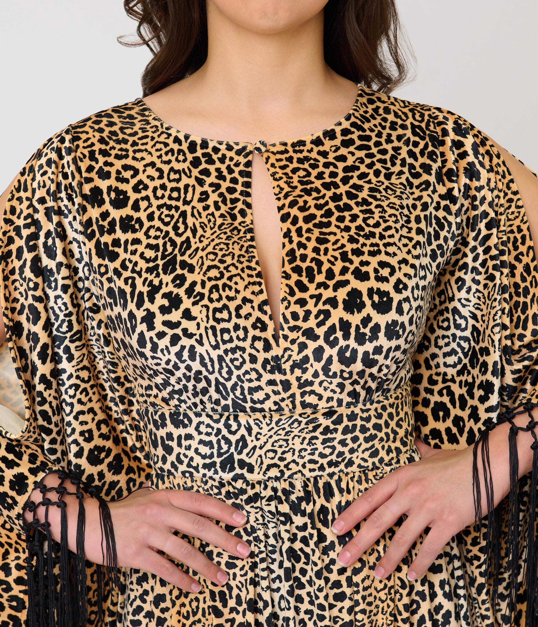 Unique Vintage Leopard Print Velvet Fringe Flutter Sleeve Dionne Caftan