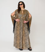 Unique Vintage Leopard Print Velvet Fringe Flutter Sleeve Dionne Caftan