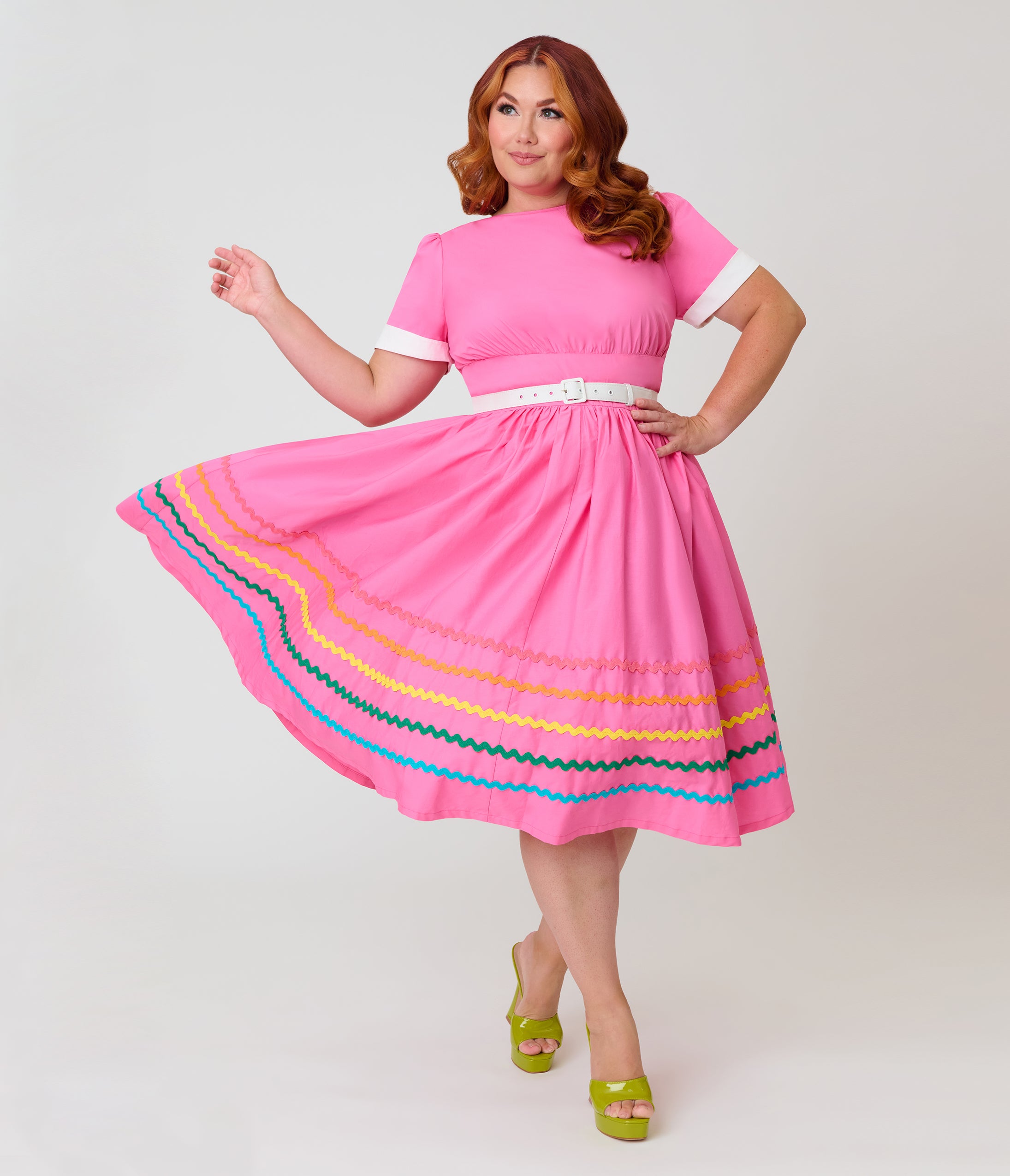 Unique Vintage Plus Size Pink & Rainbow Cotton Swing Dress