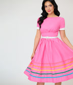Unique Vintage Pink & Rainbow Cotton Swing Dress