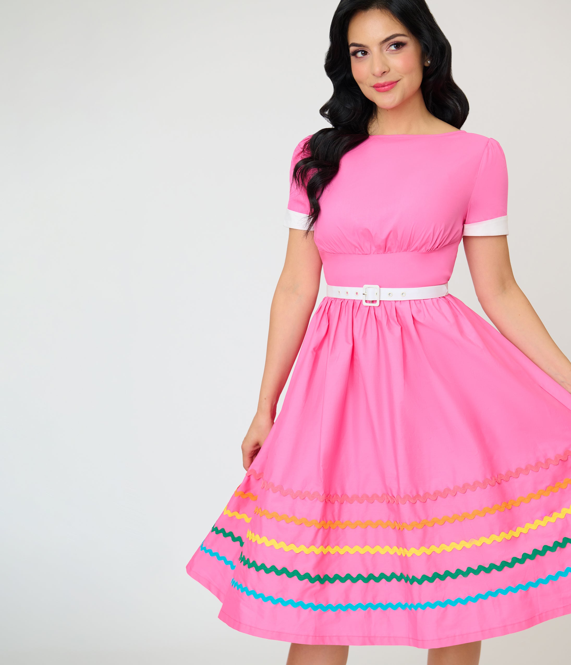 Unique Vintage Pink & Rainbow Cotton Swing Dress