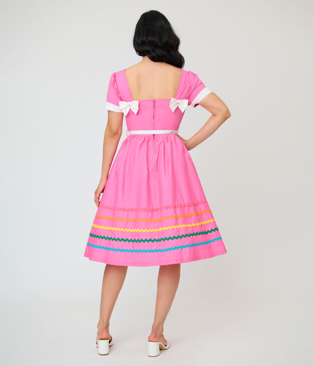 Unique Vintage Pink & Rainbow Cotton Swing Dress