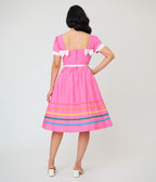 Unique Vintage Pink & Rainbow Cotton Swing Dress